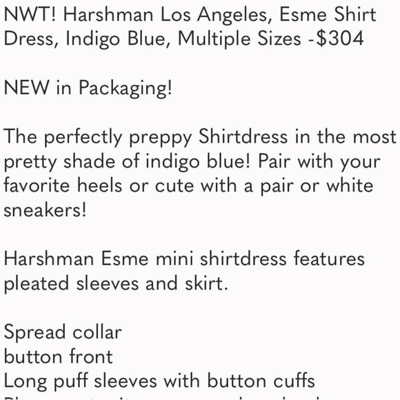 HARSHMAN Dress Esme Shirt Dress Indigo Blue Cotton Pleated Long Sleeve Size S - Picture 6 of 7